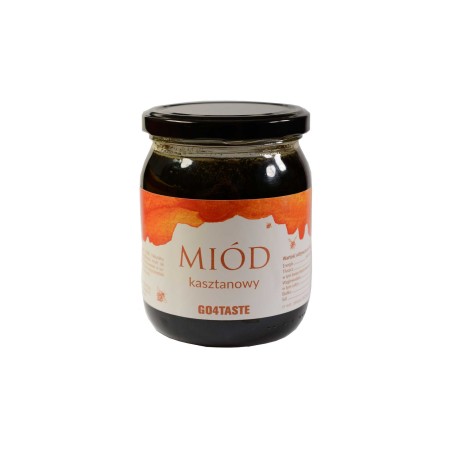 Miód kasztanowy 650g w słoiku na białym tle