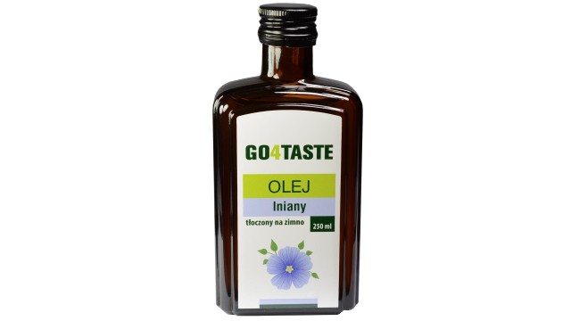 Olej lniany - zdjęcie szklanej butelki 250ml od przodu