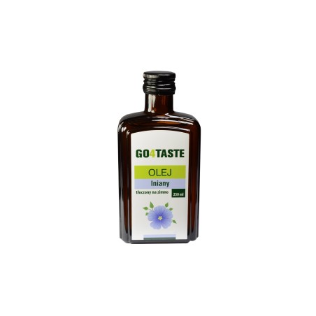 Olej lniany - zdjęcie szklanej butelki 250ml od przodu