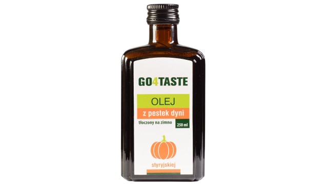 Olej z pestek dyni - zdjęcie opakowania  szklanego 250ml  od przodu