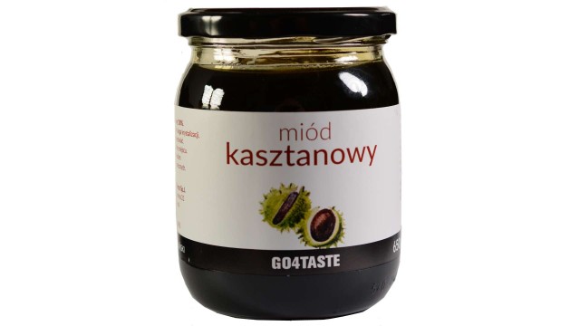 Miód kasztanowy 650g w słoiku na białym tle