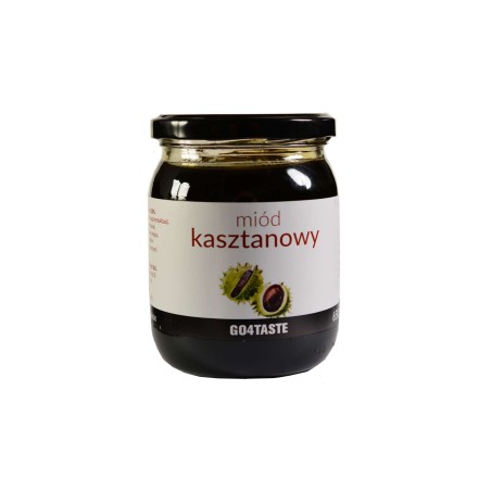 Miód kasztanowy 650g w słoiku na białym tle