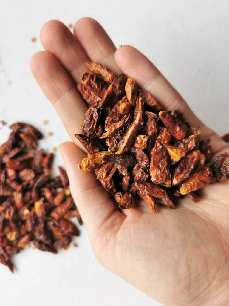 Suszone papryczki piri piri na dłoni