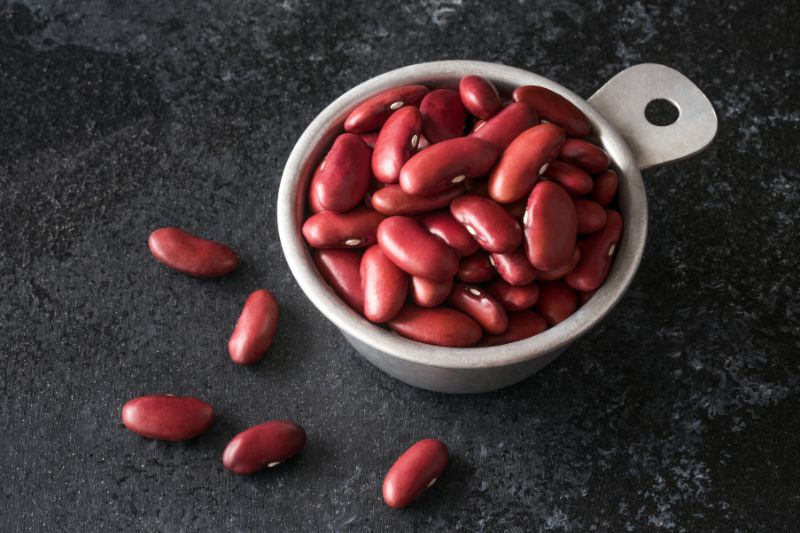 Ujęcie ukazujące fasole Red Kidney w białej misce oraz rozsypaną na ciemnym tle