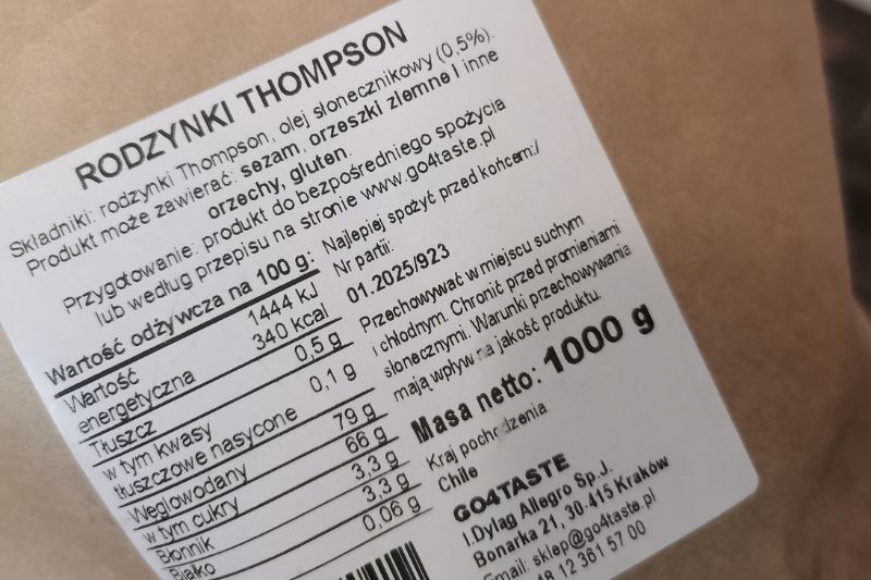 Przykładowa etykieta opakowania rodzynek