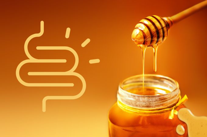 Miód spływający z drewnianej łyżeczki do słoika obok symbolu jelit